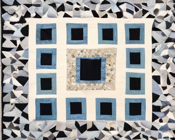 Floral Quilt Design with Blue and Black Patches