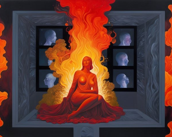 Woman in Fiery Aura with Abstract Faces in Shadows
