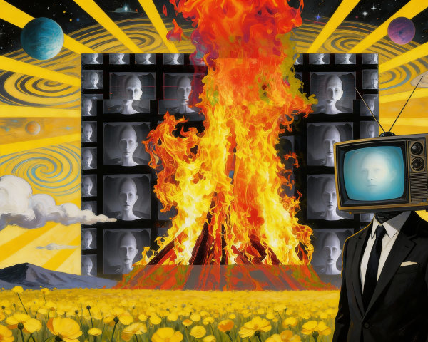 Surreal Painting of Man with TV Head in Flower Field