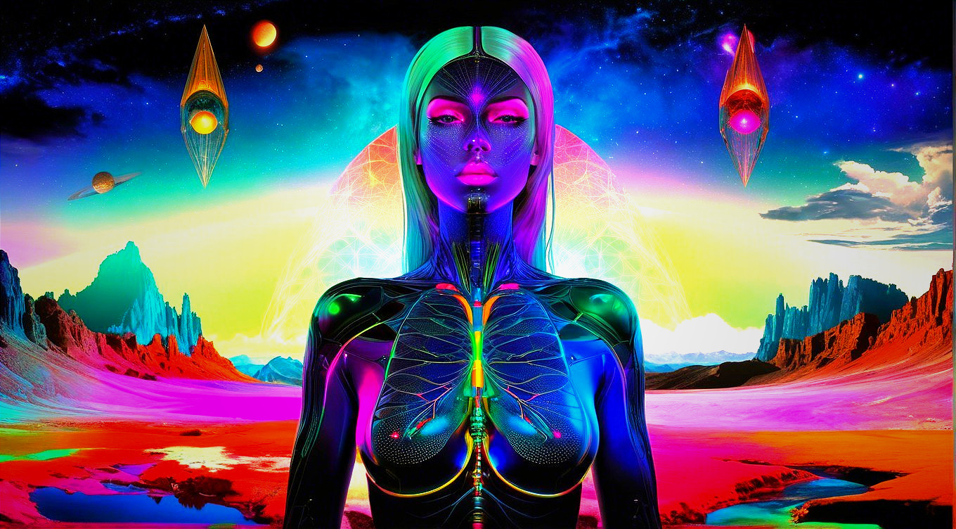 Futuristic figure in a surreal cosmic landscape