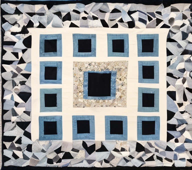 Floral Quilt Design with Blue and Black Patches