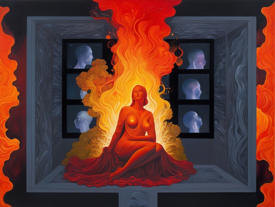 Woman in Fiery Aura with Abstract Faces in Shadows