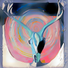 Vibrant Abstract Painting of Stylized Antlered Figure