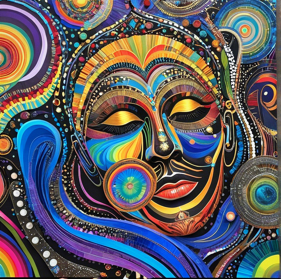 Vibrant Abstract Portrait with Serene Face and Colors