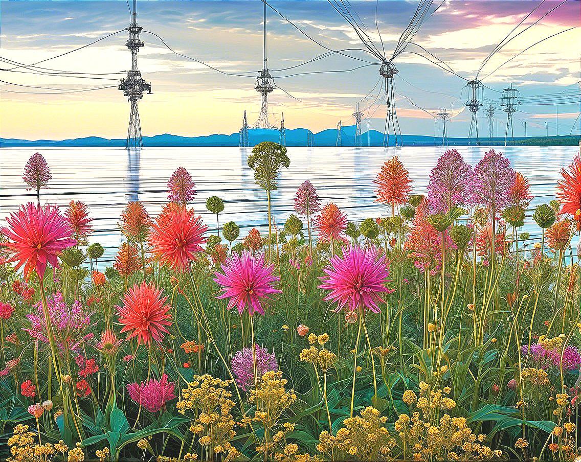 Vibrant Landscape with Colorful Flowers and Sunset Sky