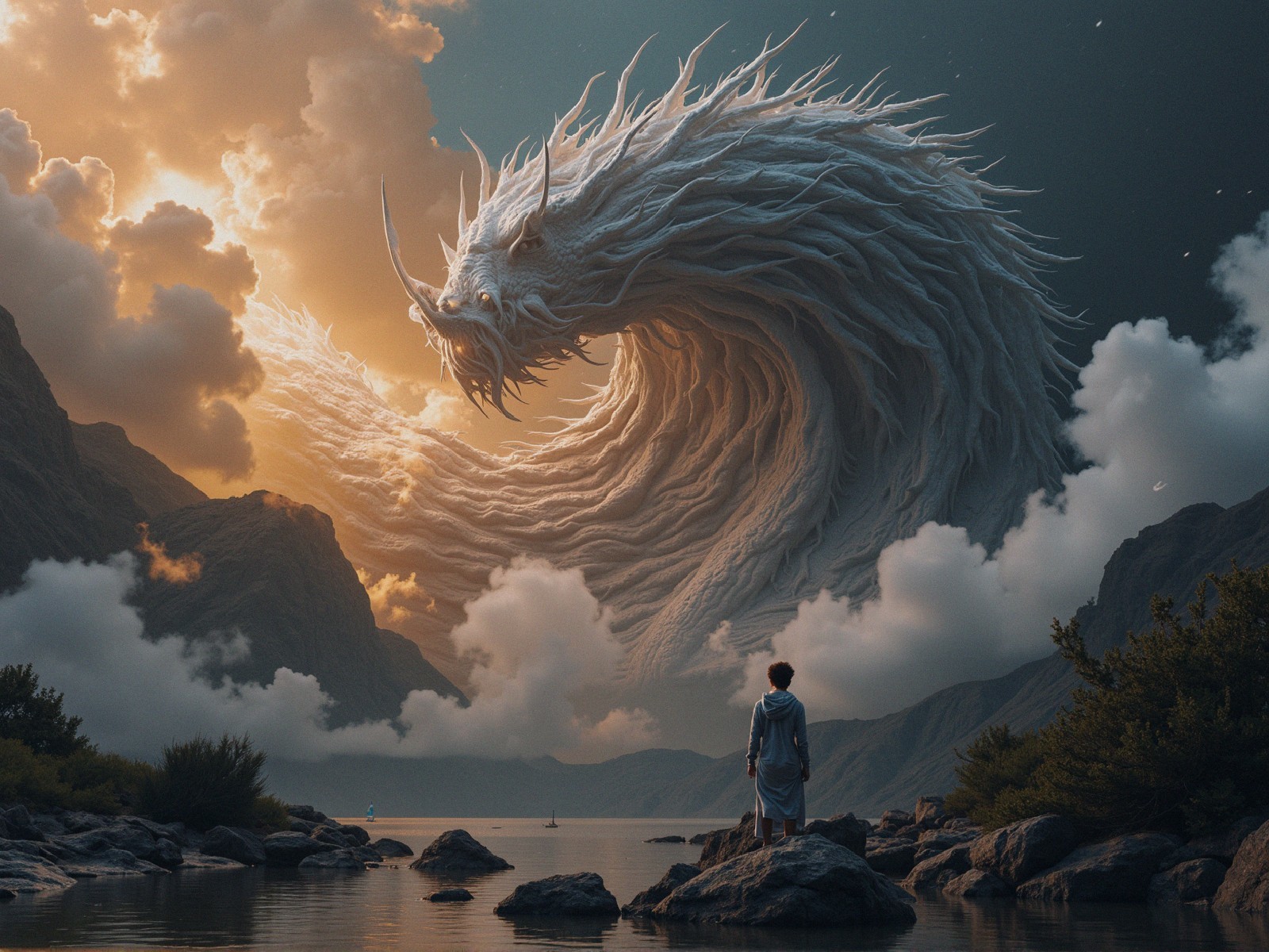 Dragon-like creature in clouds at sunset sky