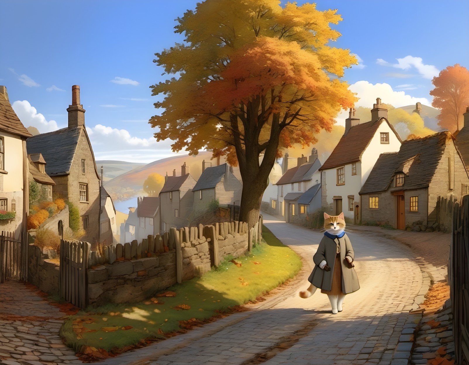 Charming village scene: cobblestone road, quaint houses, anthropomorphic cat with briefcase,