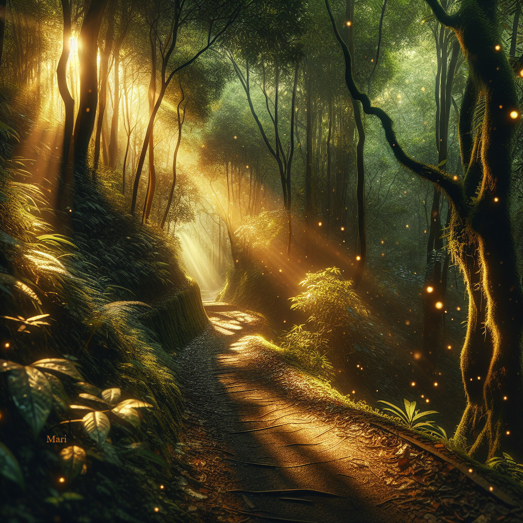 Serene Forest Path with Golden Sunlight and Foliage