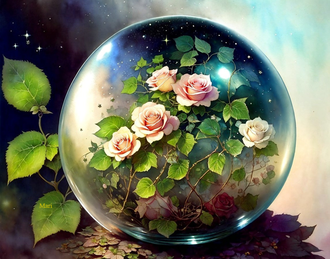Glass Orb with Blooming Roses and Ethereal Background