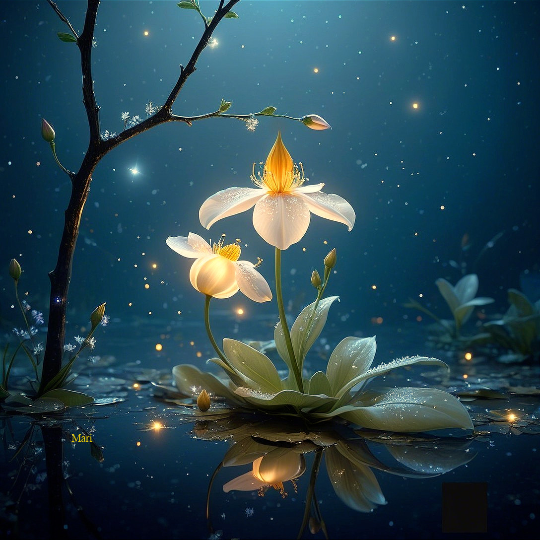Ethereal White Flowers in a Serene Water Landscape