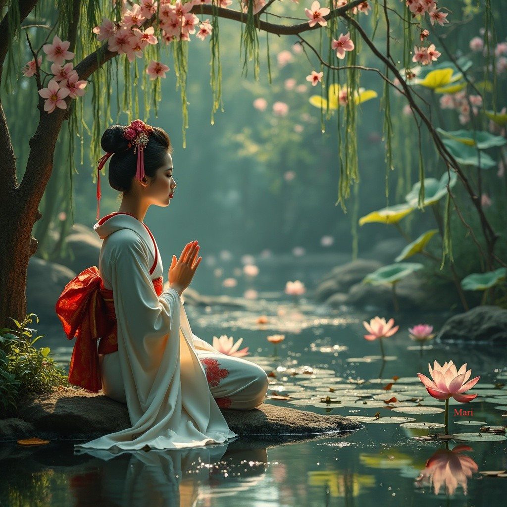 Young Woman in Kimono by Tranquil Pond with Blossoms