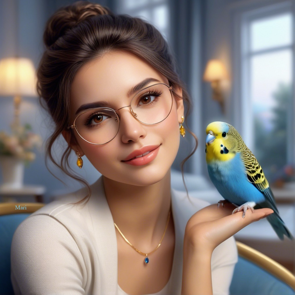 Young woman with budgerigar in cozy interior setting