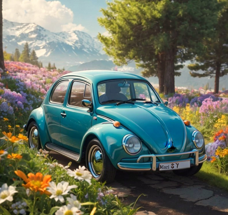 Teal Volkswagen Beetle in Flower Field with Mountains