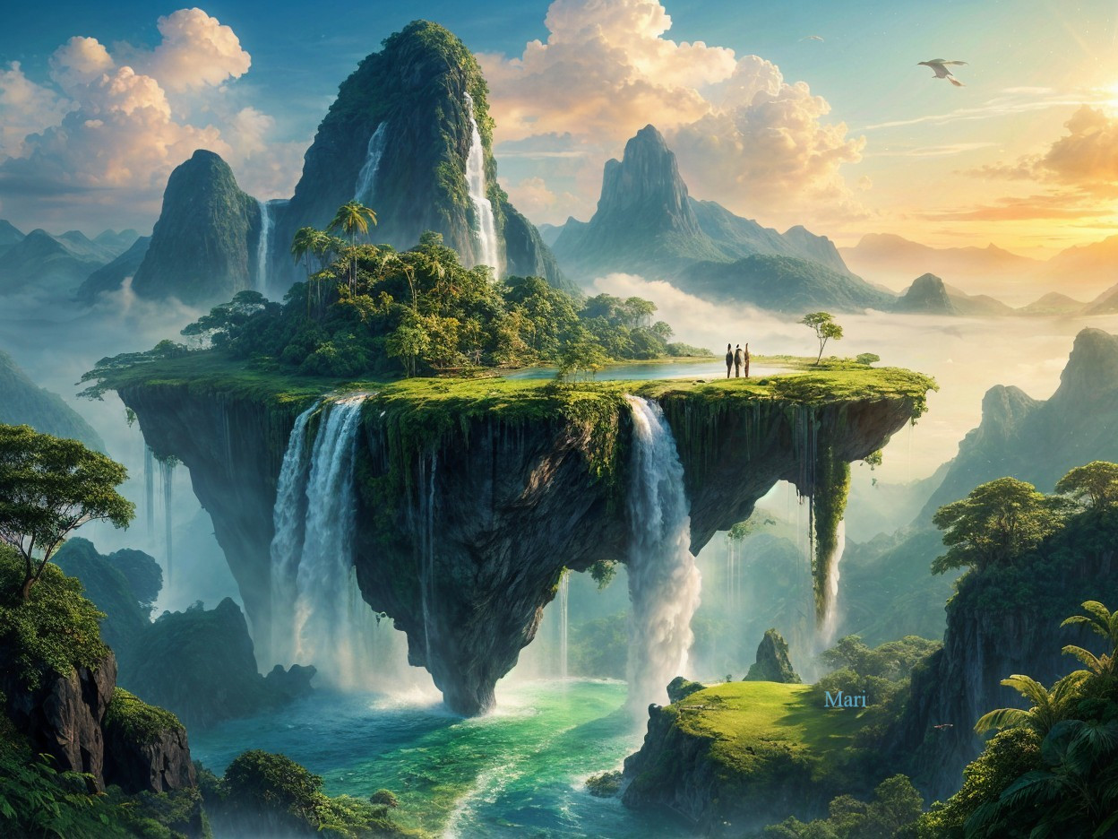 Floating Island Landscape with Waterfalls and Mountains
