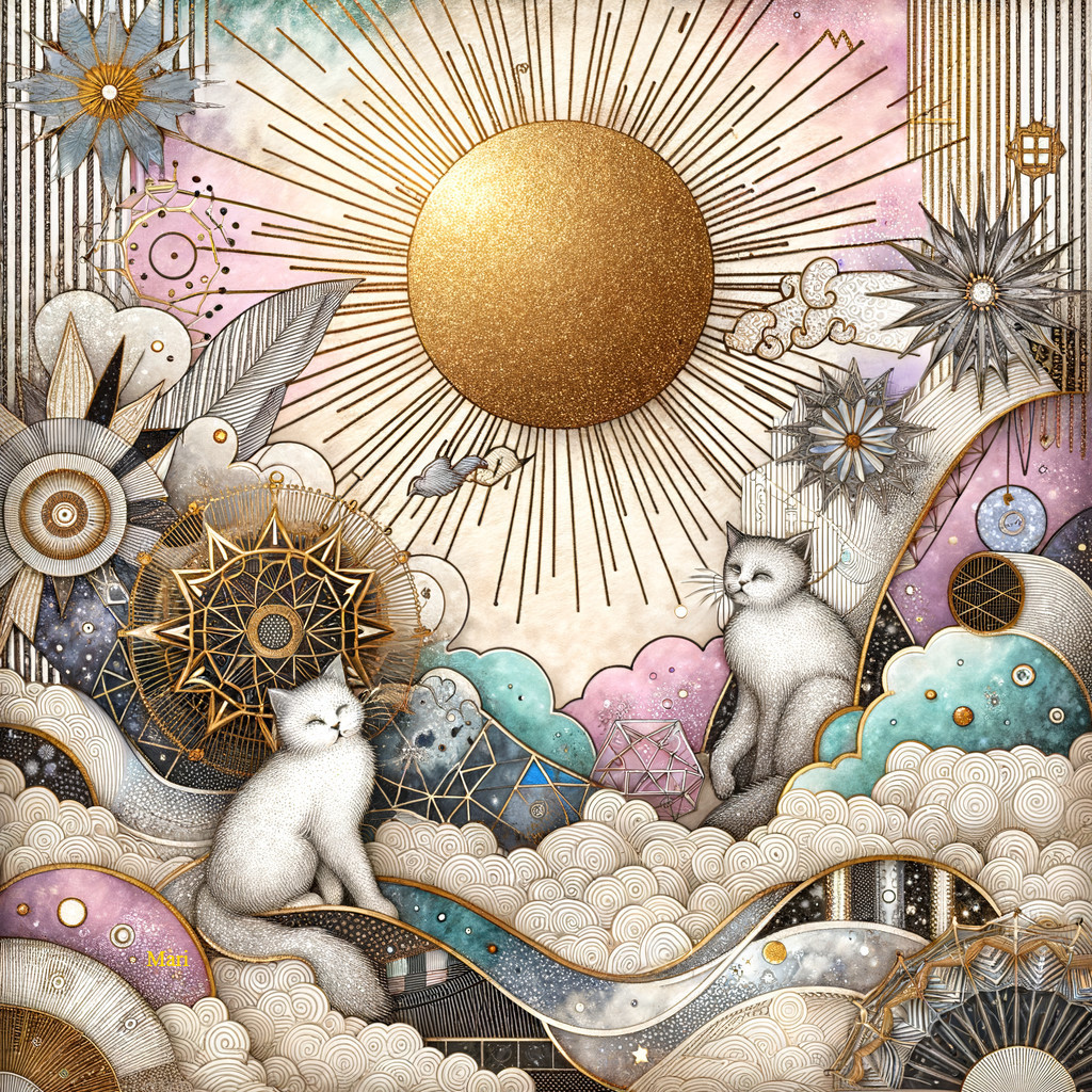 Whimsical Illustration of Cats on Clouds with Patterns