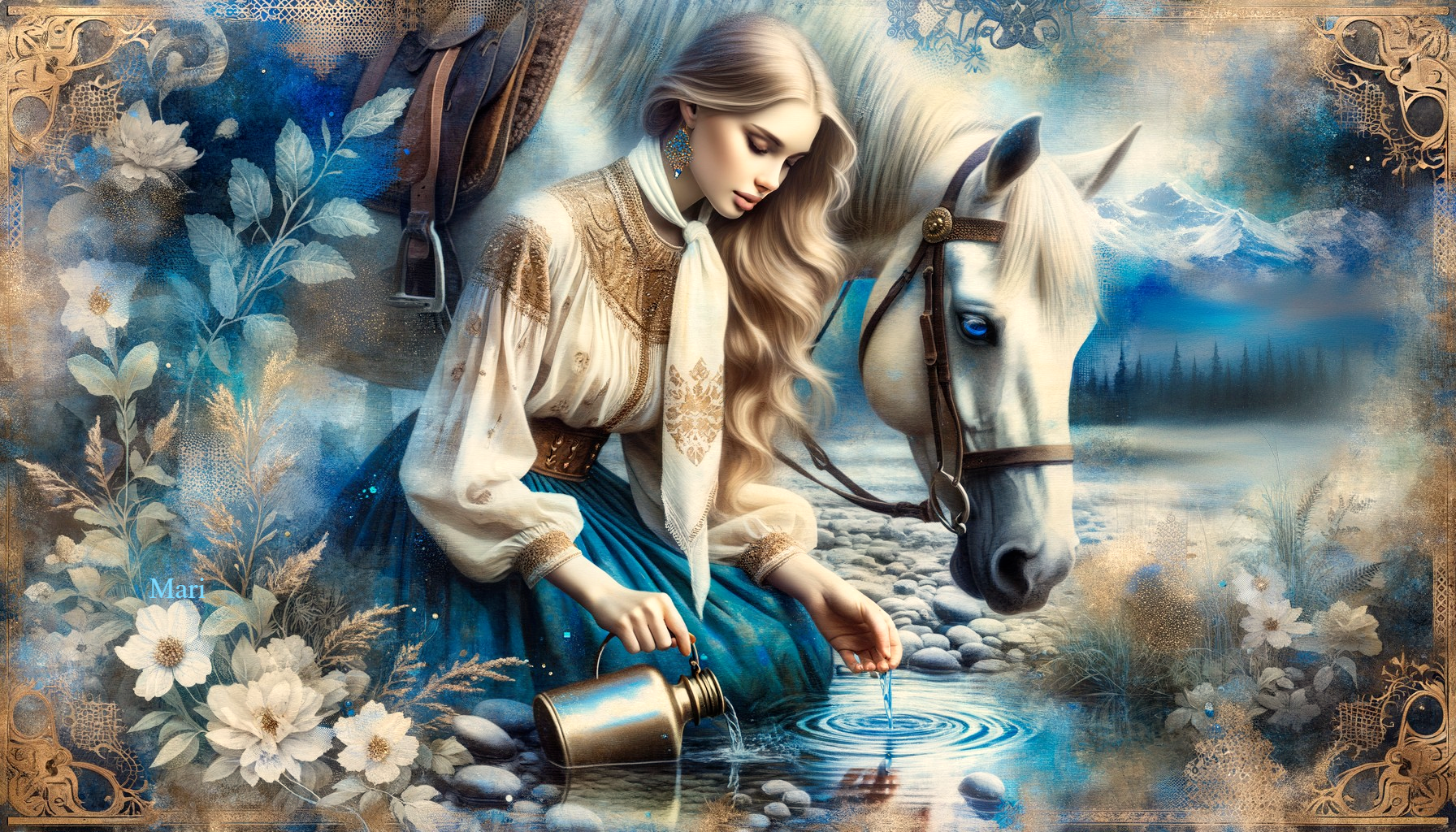 Young Woman by Stream with Majestic White Horse