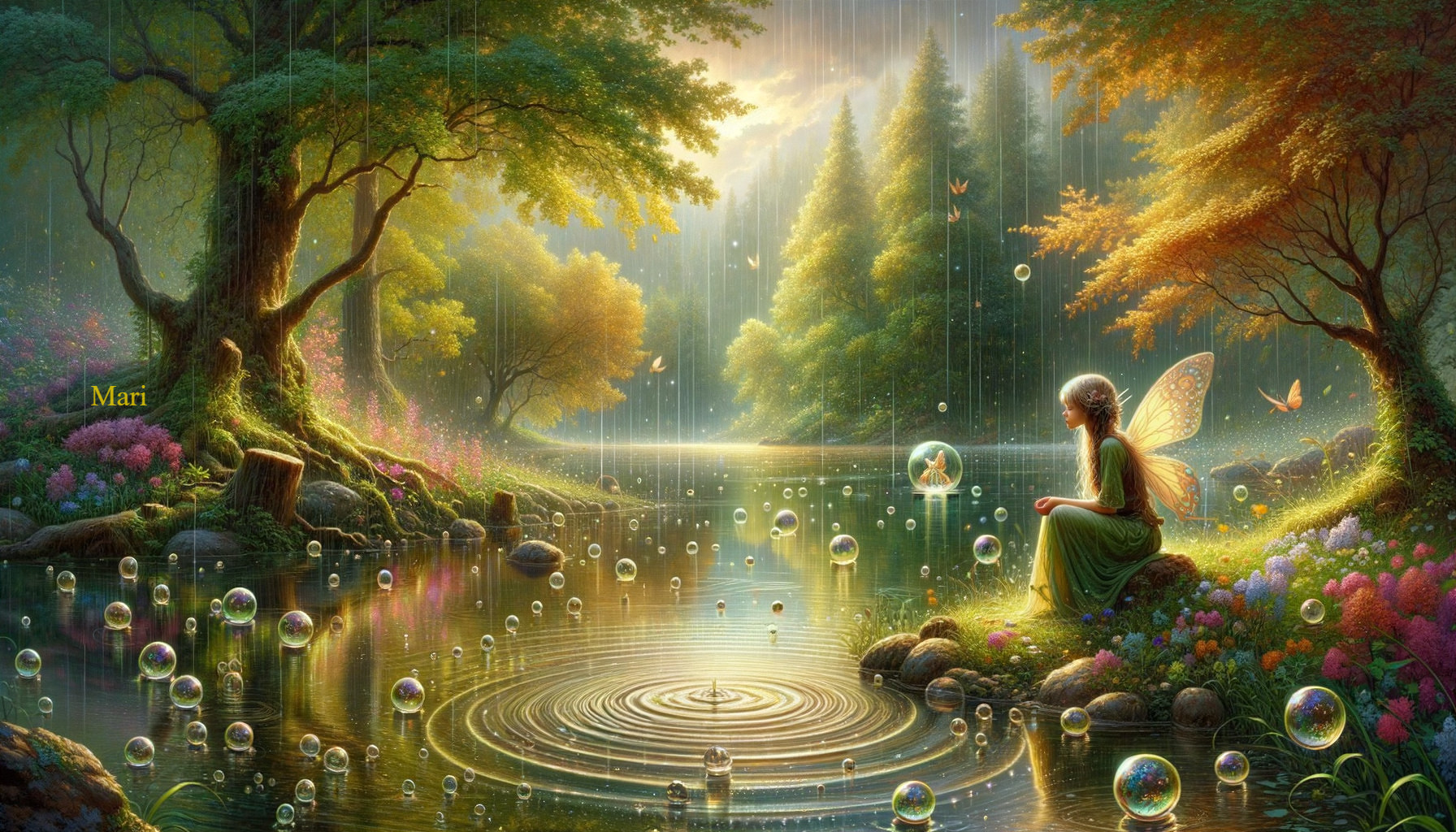 Fairy by Stream in Enchanted Forest Landscape