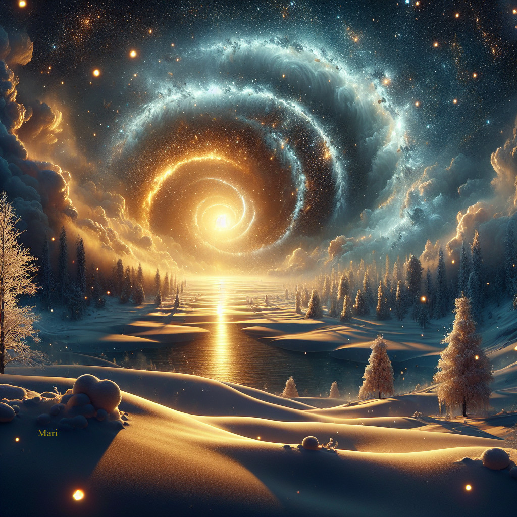 Swirling Galaxy Over a Tranquil Winter Landscape