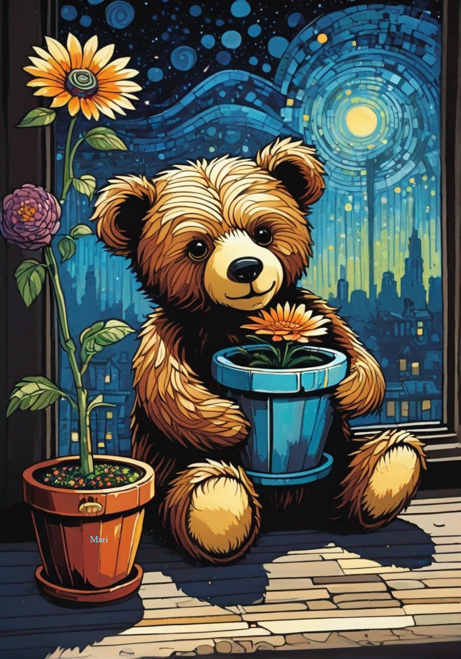 Cartoon Bear with Sunflower by Starry Window