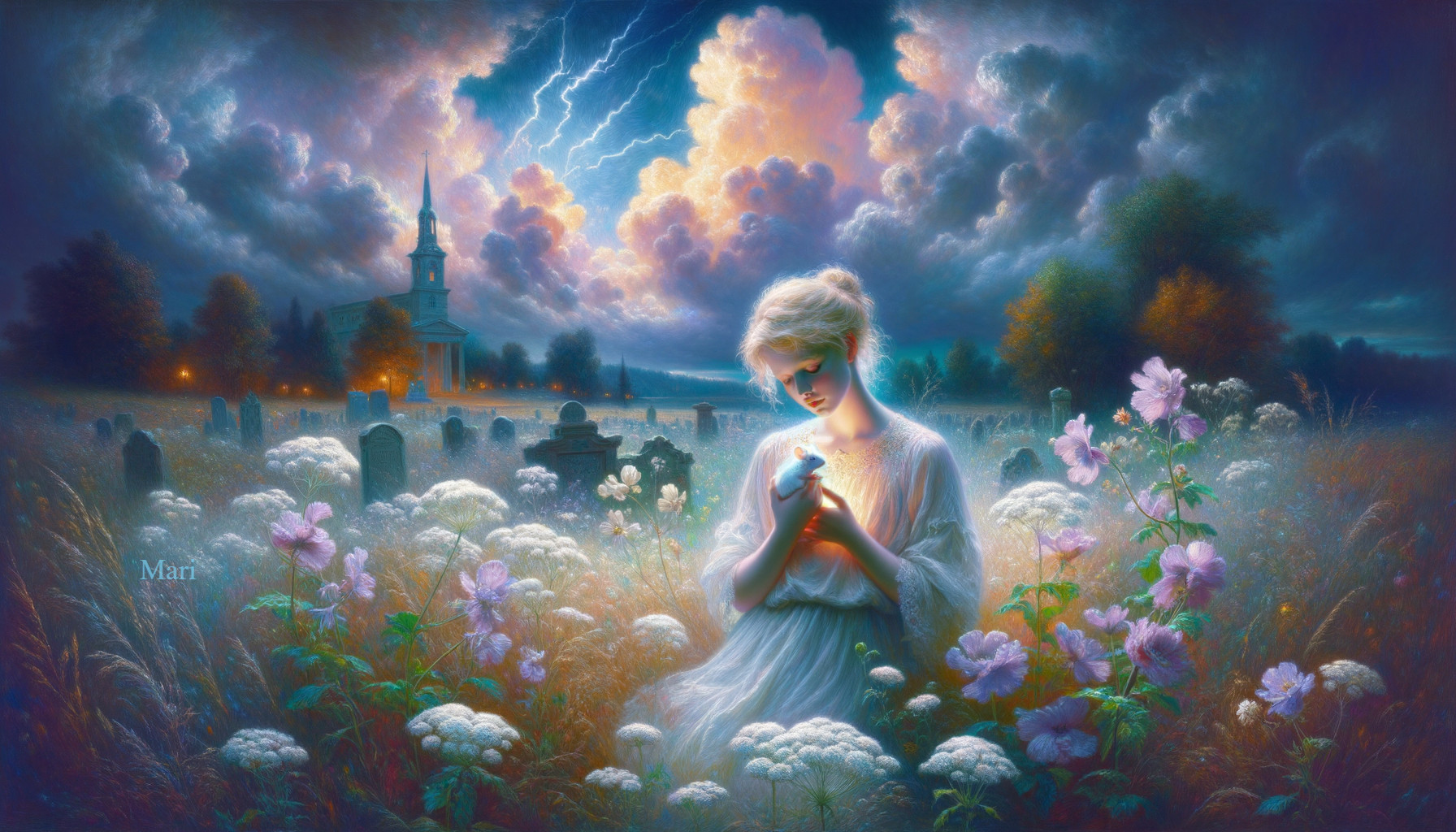 Mystical Landscape with Woman in White Dress and Storm