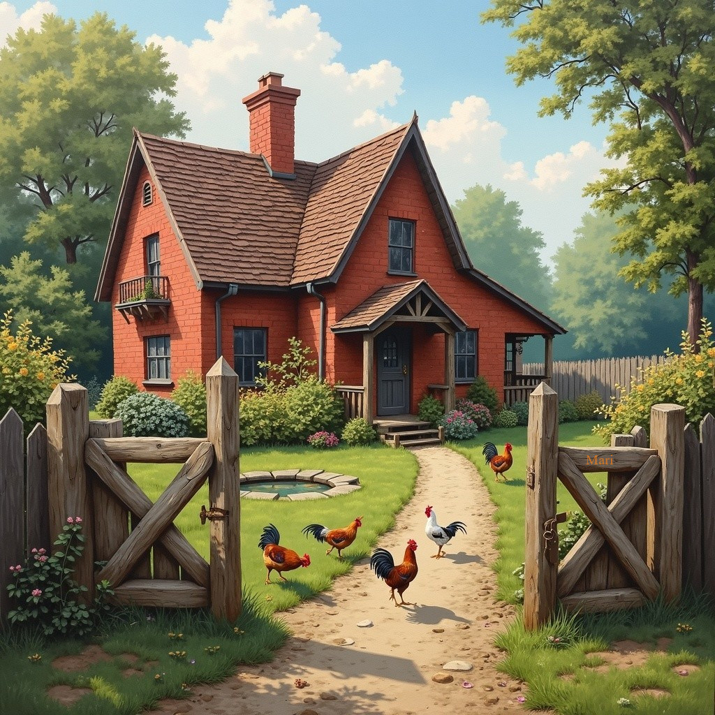 Charming Red-Brick House with Chickens in Countryside