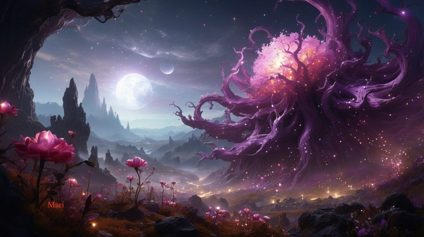 Luminous Tree in a Fantasy Landscape Under Two Moons