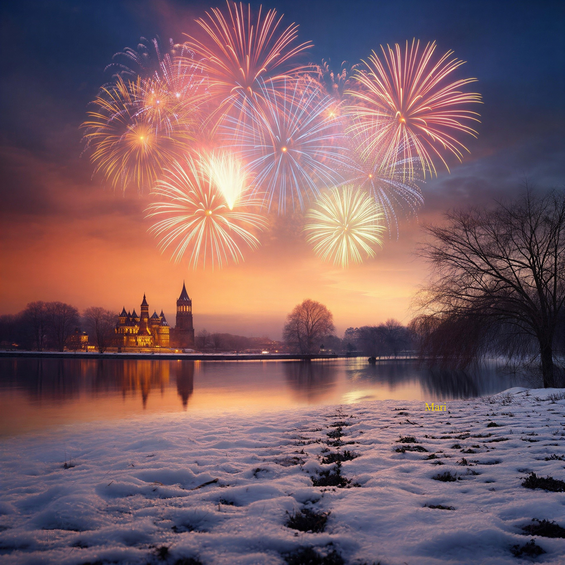 Winter Landscape with Snow, Water, and Fireworks