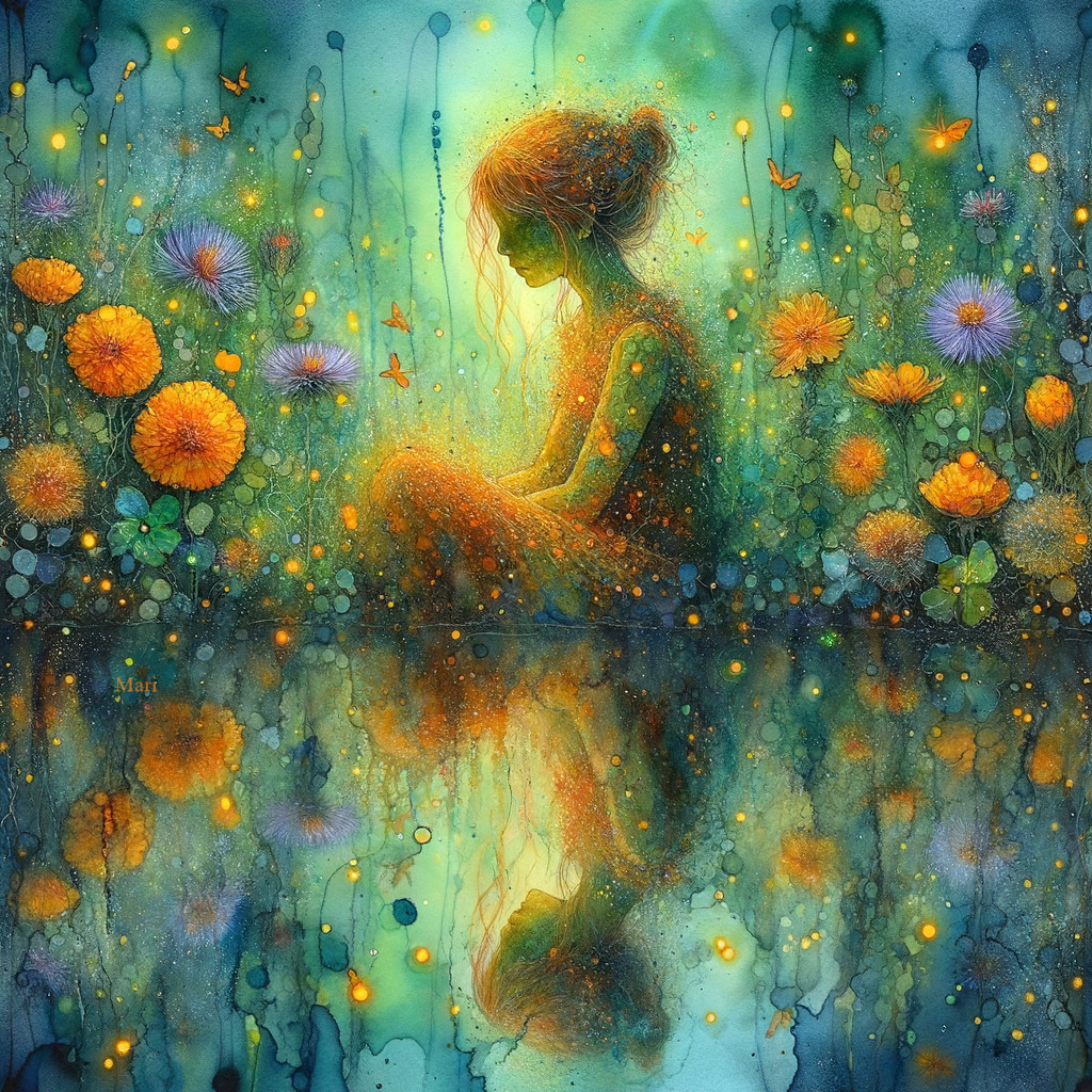 Serene Figure in a Vibrant Garden with Butterflies