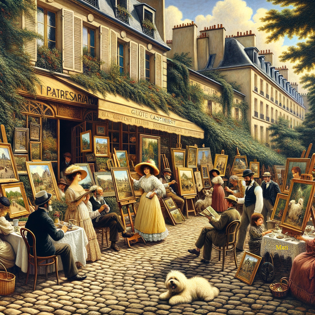 Parisian Street Scene with Artists and Café Ambiance