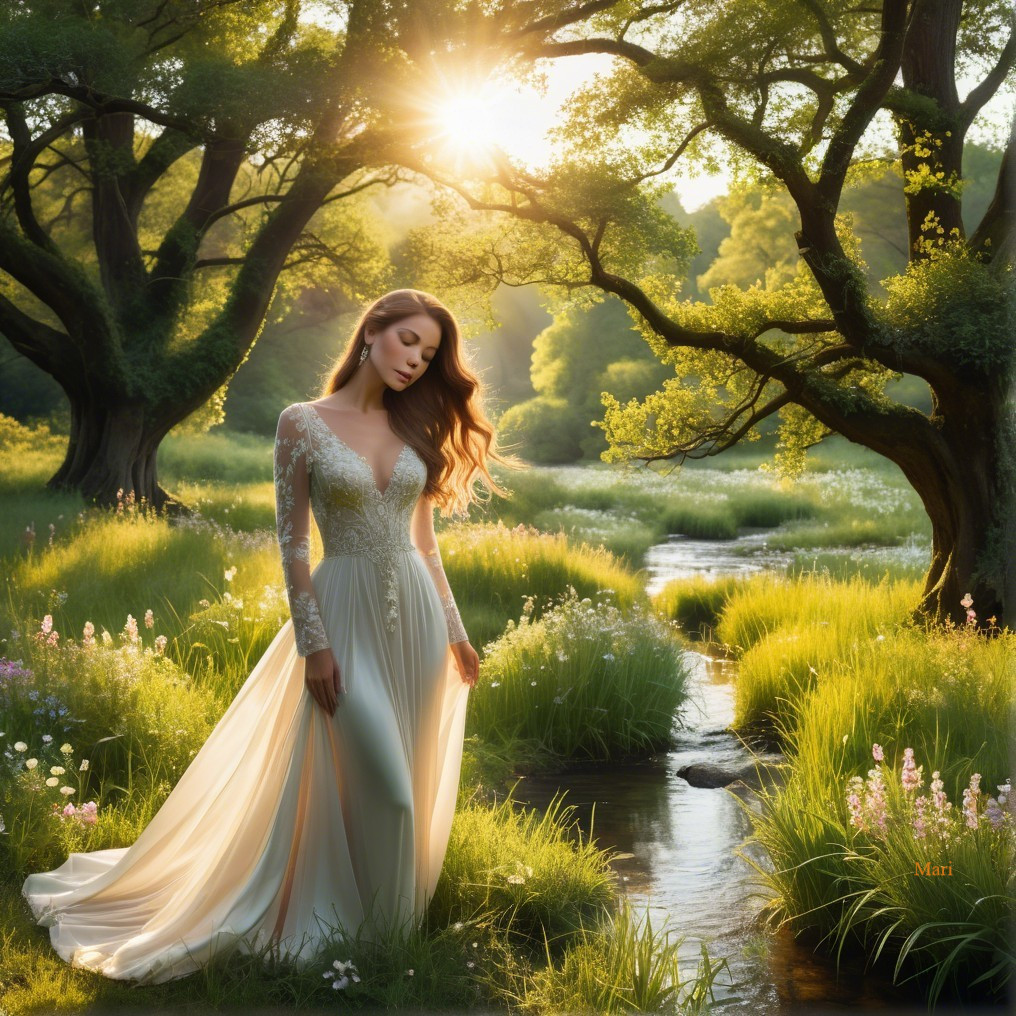 Serene Woman in Elegant Gown by Sparkling Stream