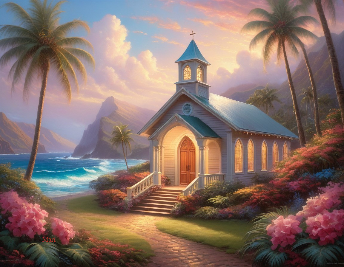 Charming Church in Tropical Landscape at Sunset