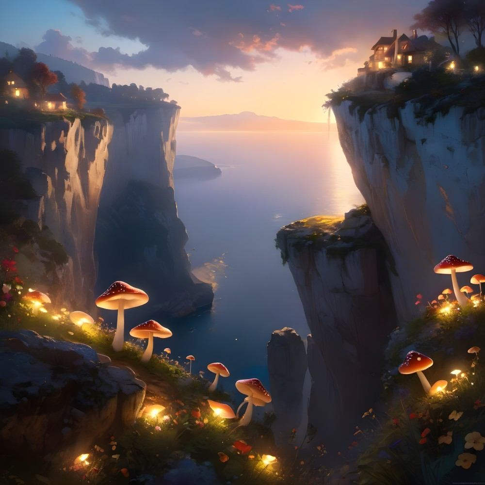 Whimsical Dusk Landscape with Cliffs and Bioluminescence