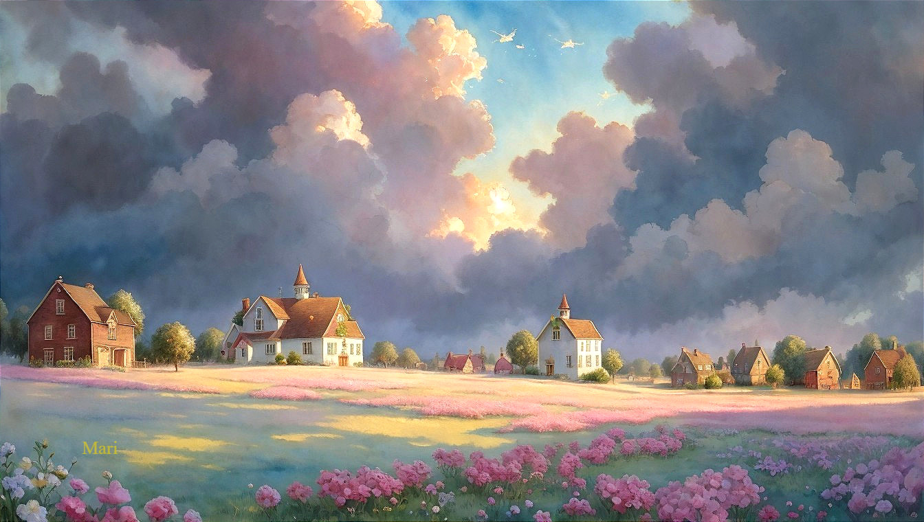 Charming Rural Landscape with Vibrant Homes and Fields