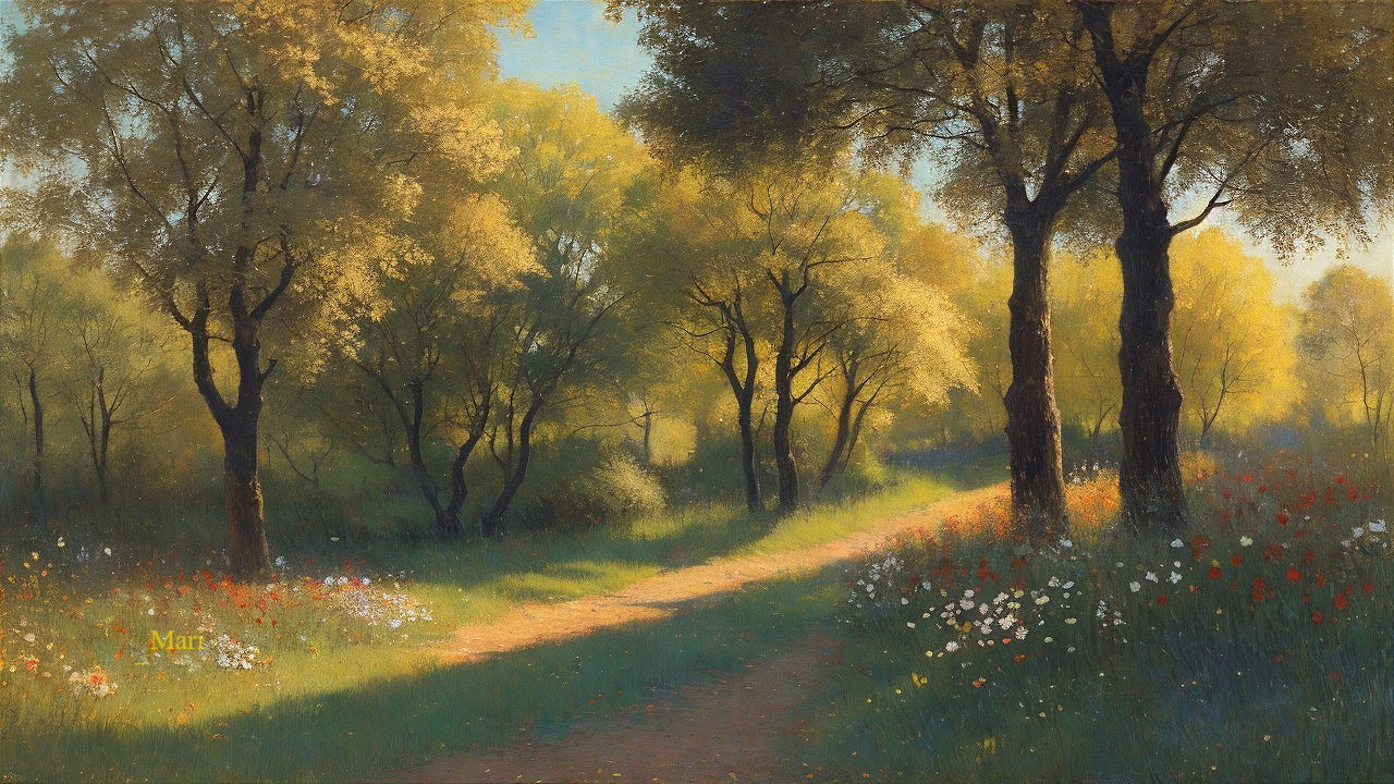 Serene Landscape with Winding Path and Wildflowers