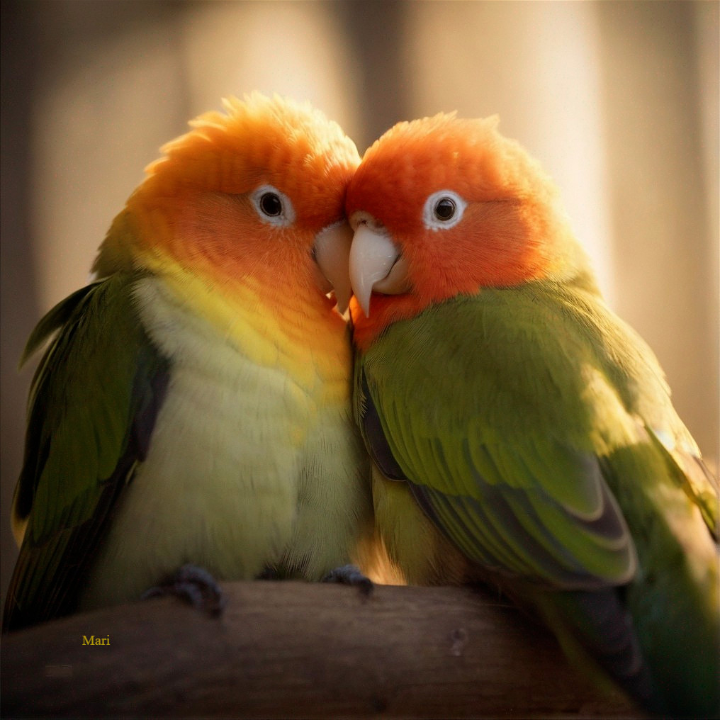 Vibrant Lovebirds in Tender Moment with Bright Colors