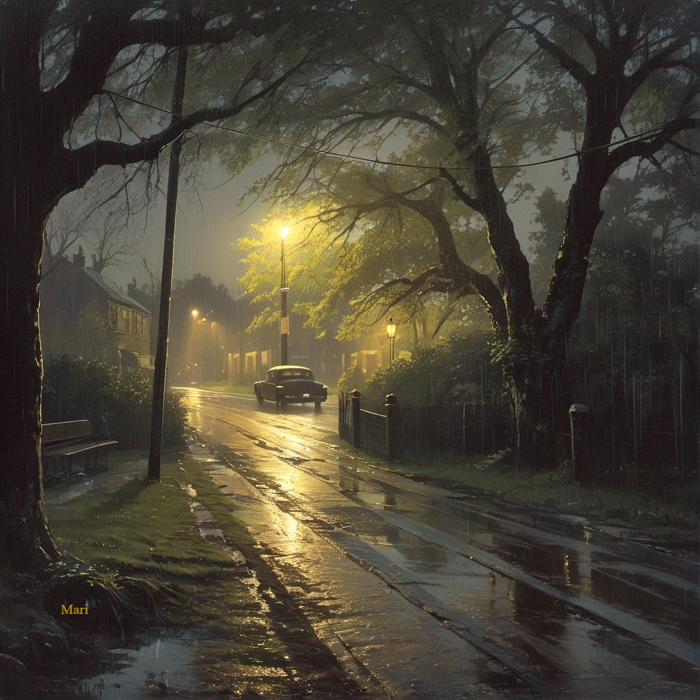 Vintage Car Under Streetlamp in Rainy Night Scene