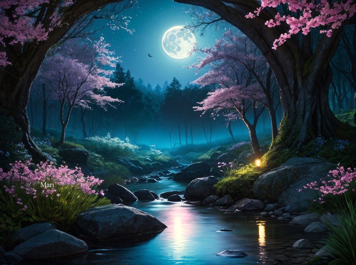 Moonlit Landscape with Cherry Blossoms and Stream