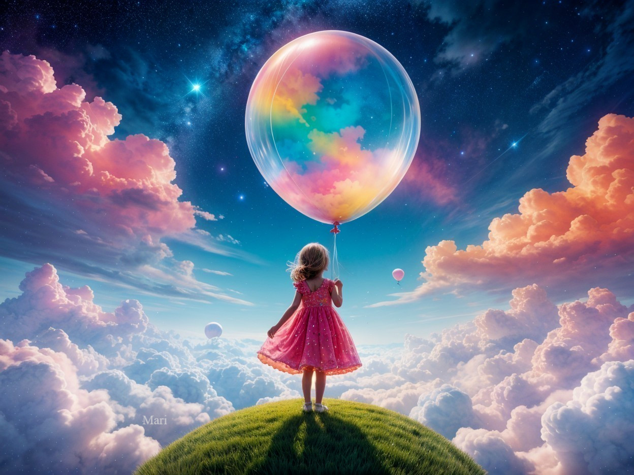 Young girl in pink dress with iridescent bubble on hill