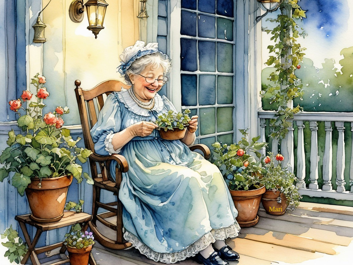 Elderly Woman in Blue Dress on Porch with Flowers