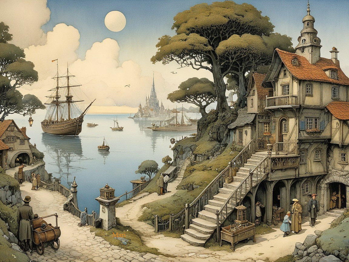 Tranquil Harbor Scene with Whimsical Cottages and Boats