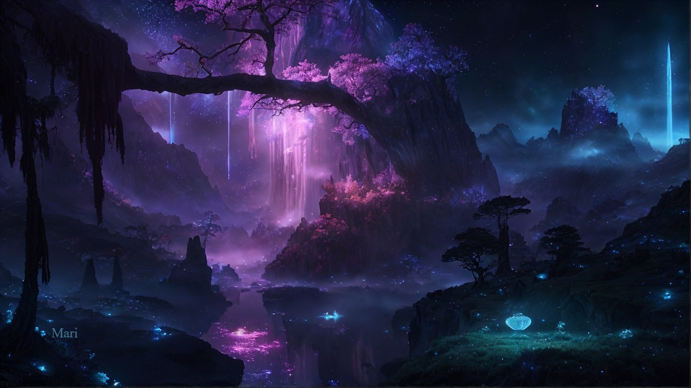Fantasy Landscape with Purple and Blue Hues