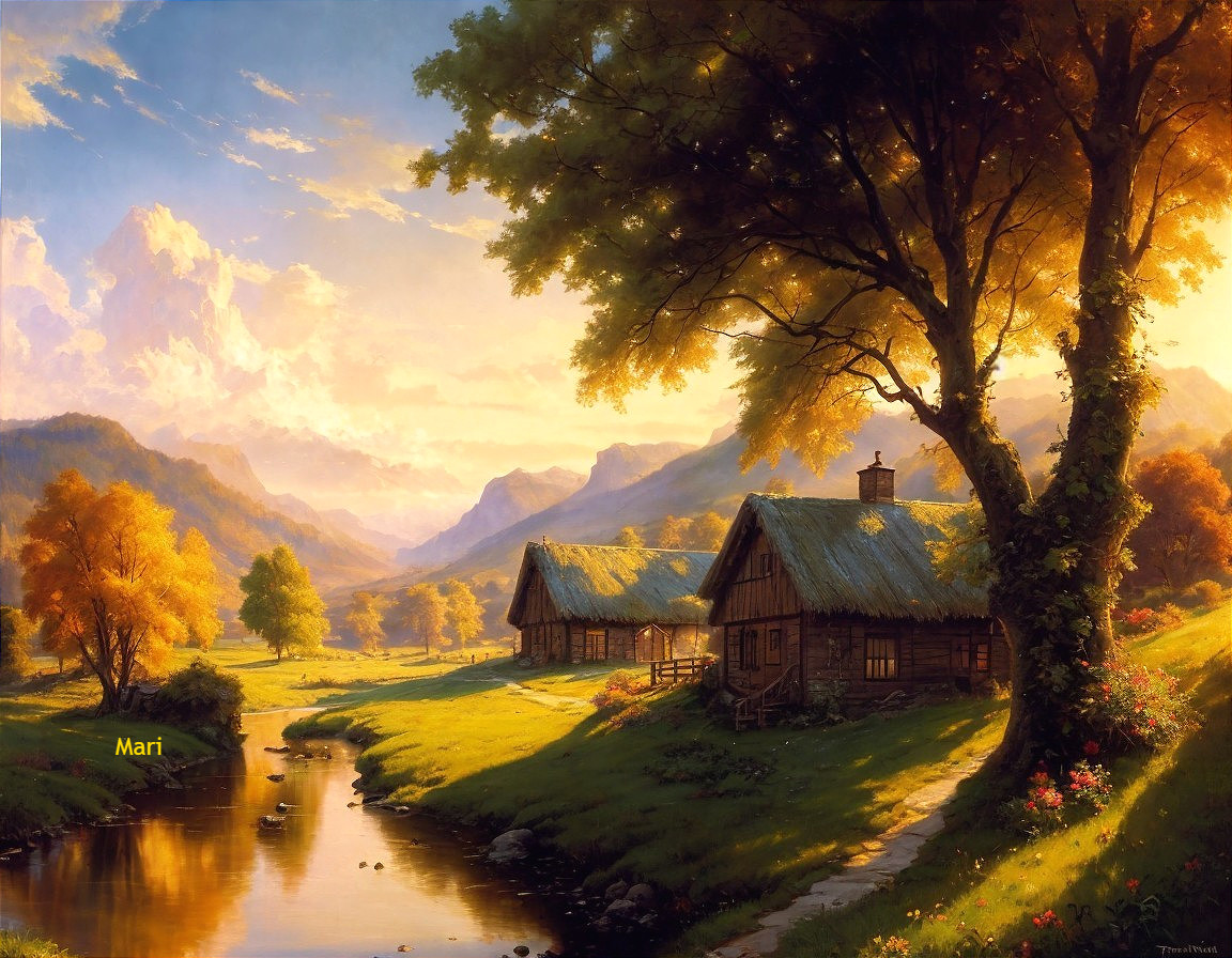 Cottage by Stream in Vibrant Autumn Landscape
