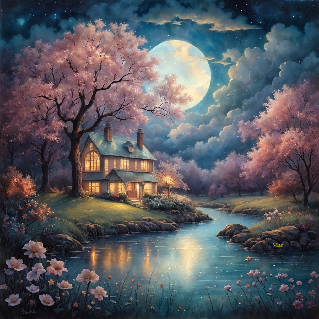 Moonlit Cottage in a Tranquil Landscape with Trees