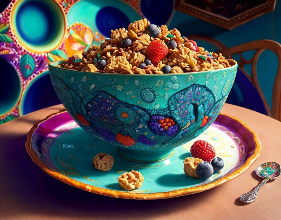 Colorful Cereal Bowl on Patterned Plate with Berries