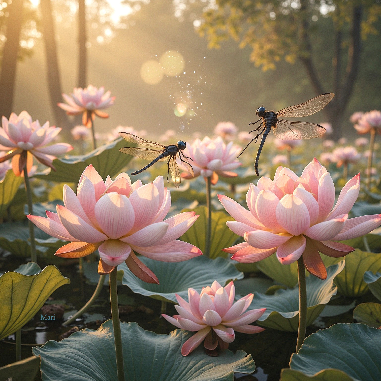 Large pink lotus flowers bloom in a serene pond setting