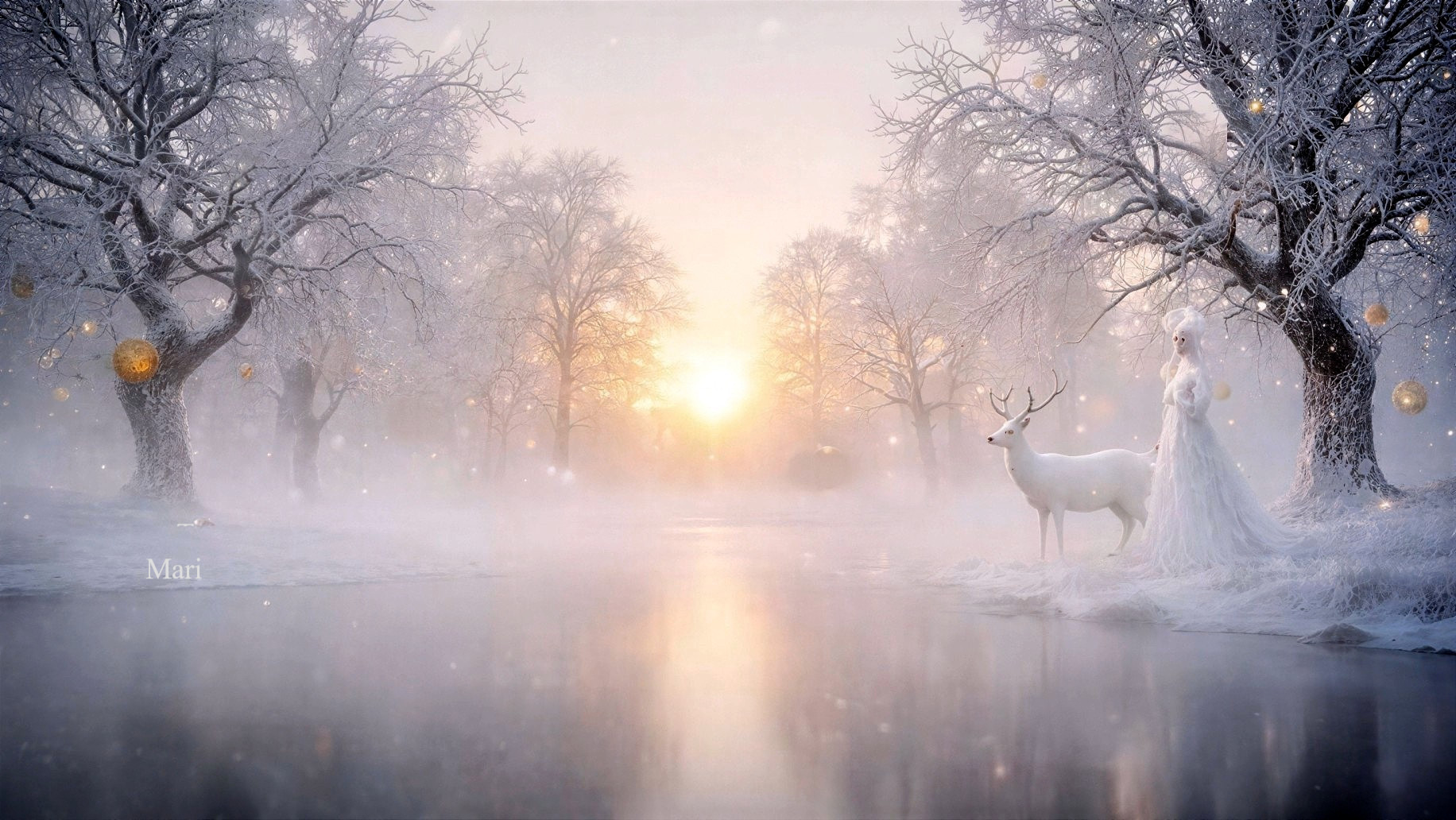 Magical winter landscape with river and mist at dawn