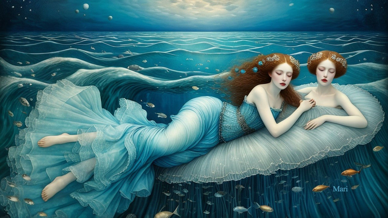 Mermaid Sisters in a Dreamlike Underwater Realm