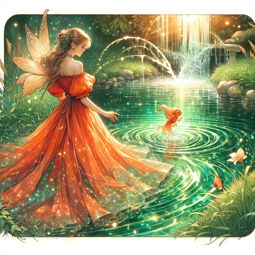 Fairy in Orange Dress by a Shimmering Pond