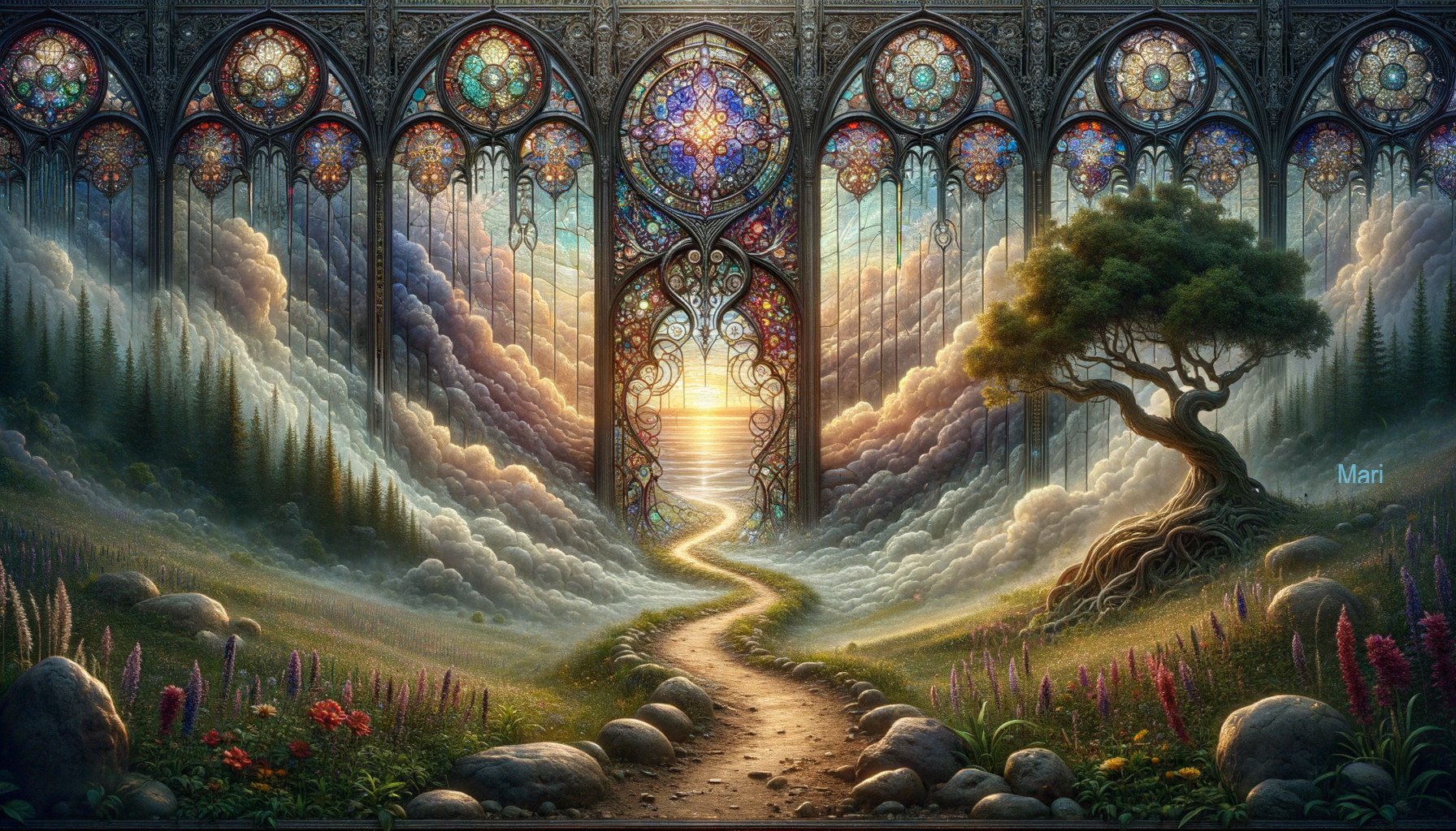Mystical Landscape with Winding Path and Stained Glass