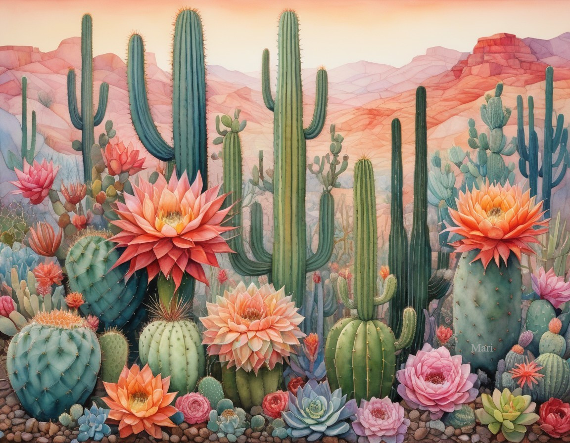 Vibrant Desert Landscape with Diverse Cacti and Flowers